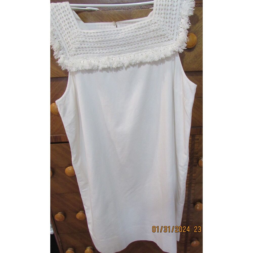 MADEWELL SIZE 14 DRESS COTTON MODAL WHITE FRINGE SQUARE NECKLINE POCKETS KEYHOLE